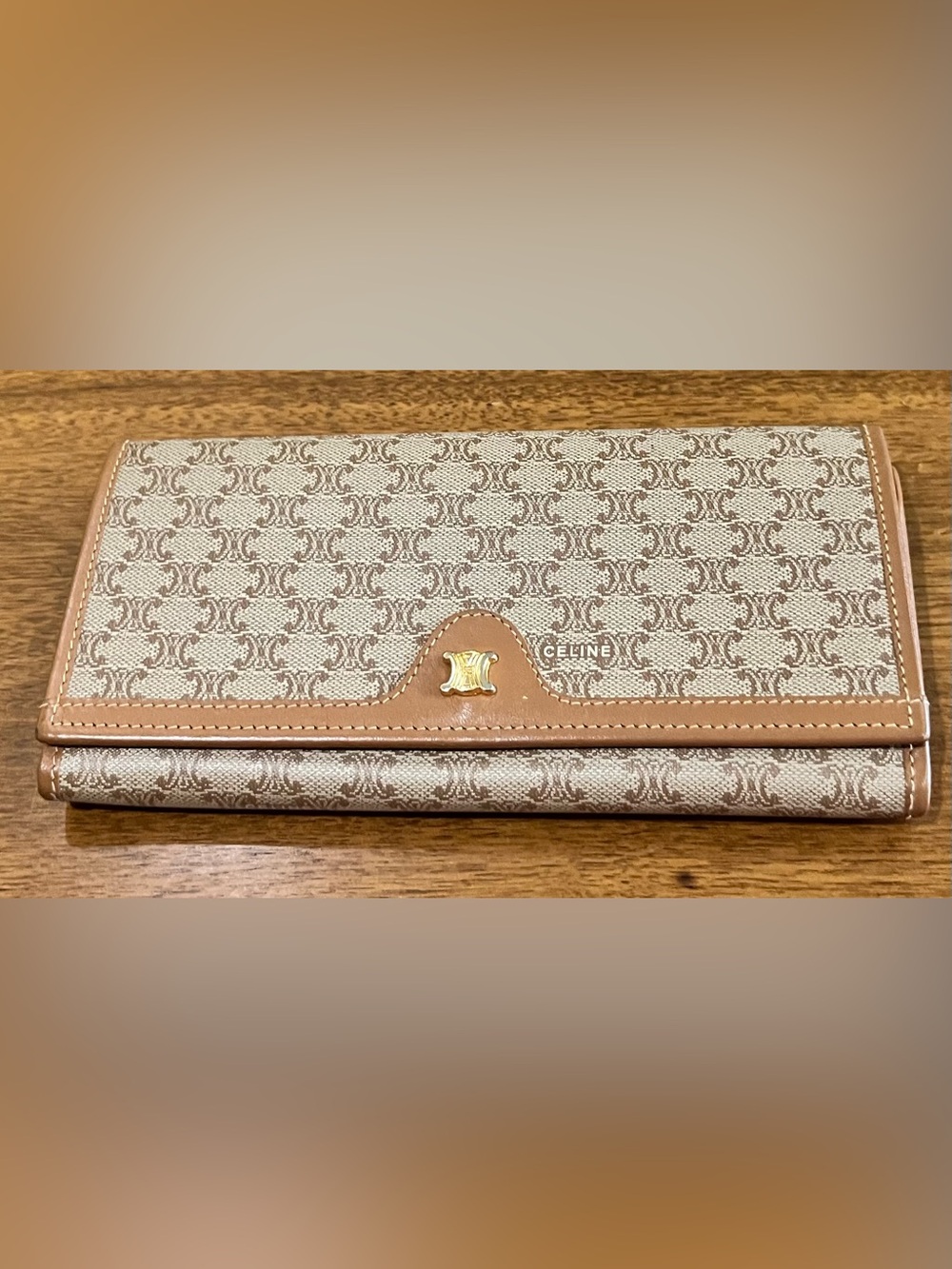 Celine Beige and Tan Triomphe Canvas Wallet with Gold Accent